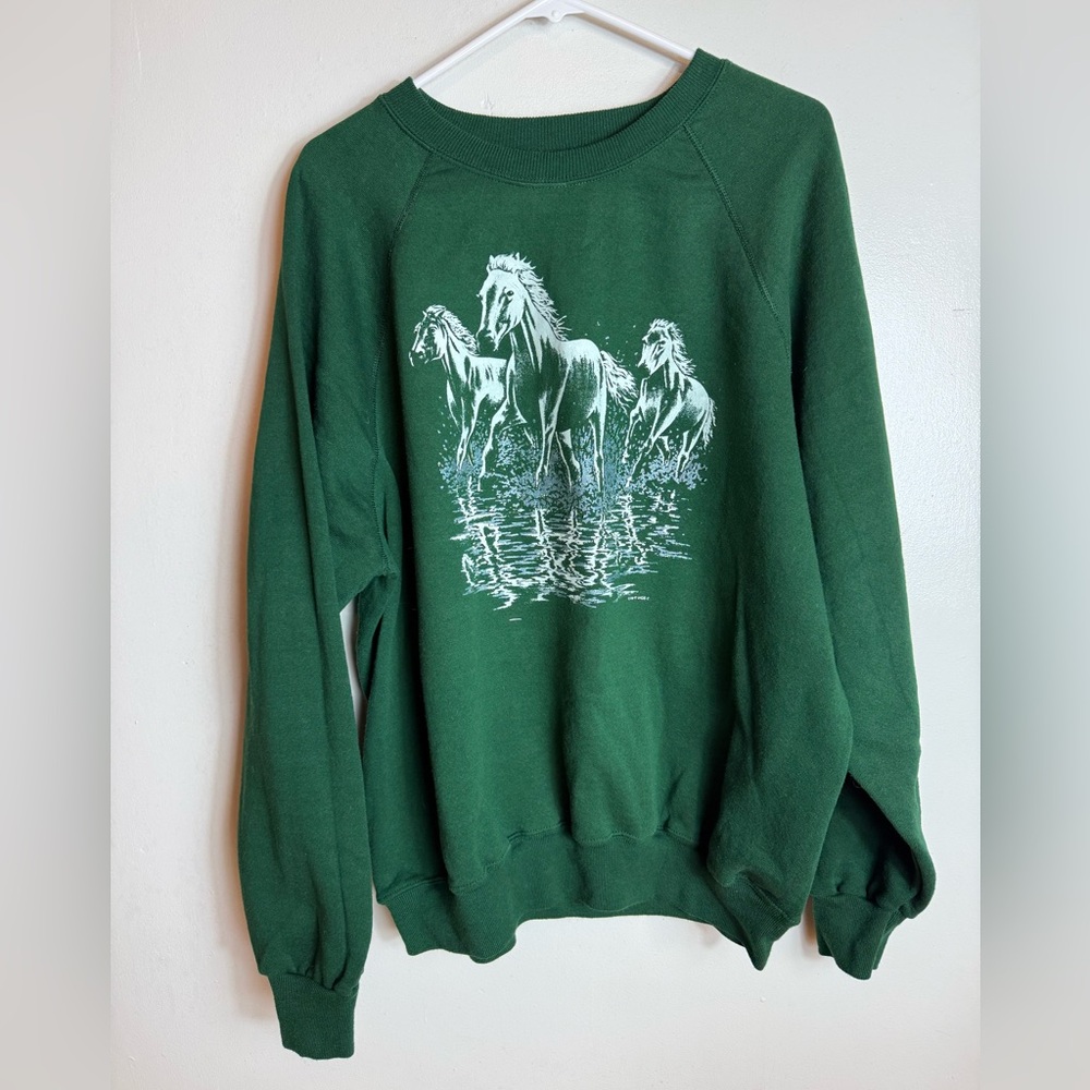 Vtg Y2K Lee Womens Sweatshirt Graphic Green Size 2X Horse Equine Equestrian